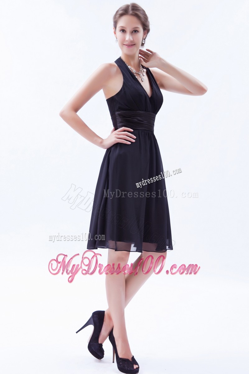 Black Deep V Neck Empire Halter Knee-length Ruche Prom Dress