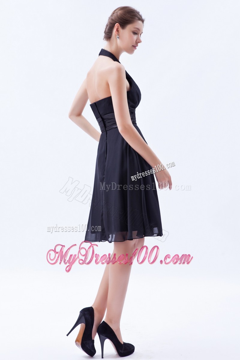 Black Deep V Neck Empire Halter Knee-length Ruche Prom Dress