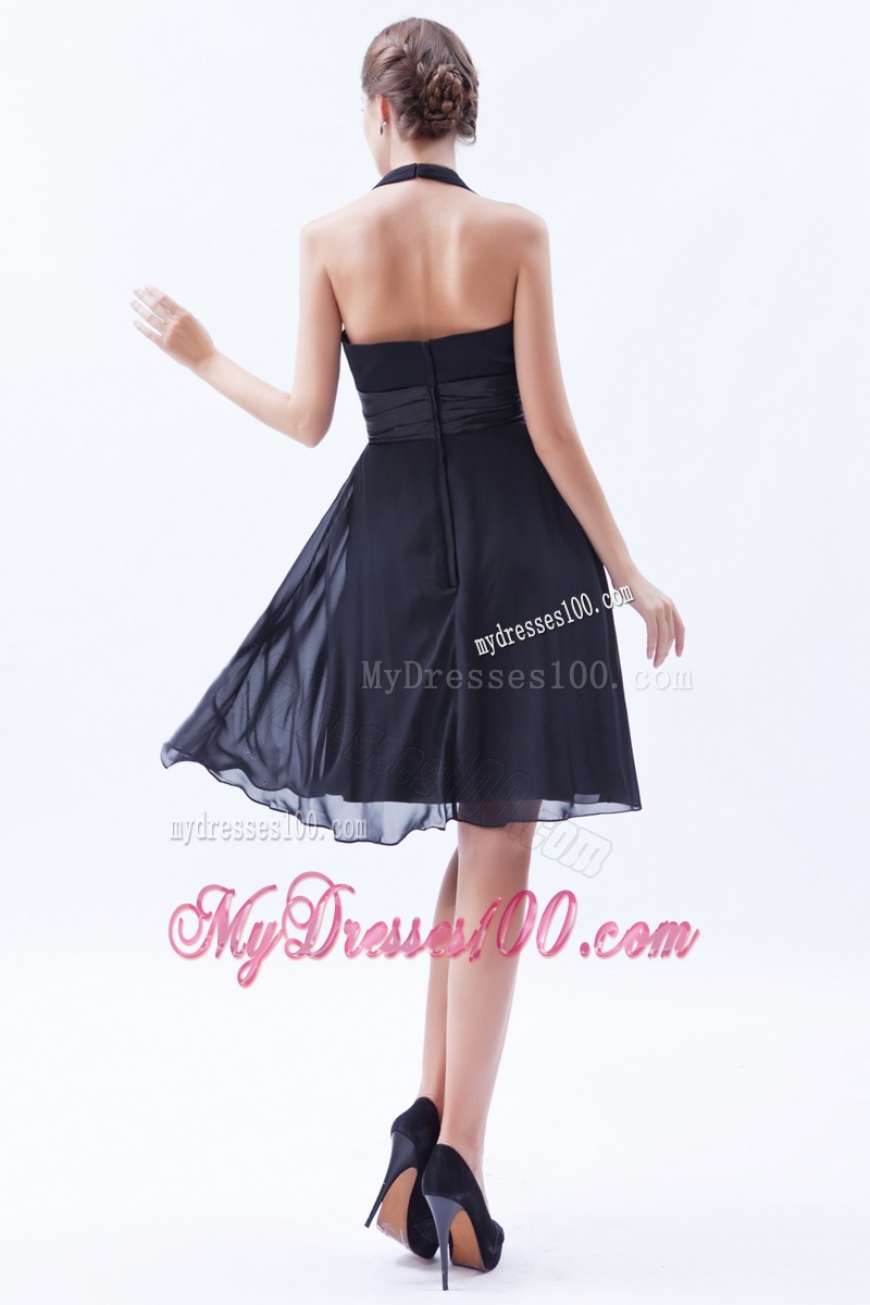 Black Deep V Neck Empire Halter Knee-length Ruche Prom Dress