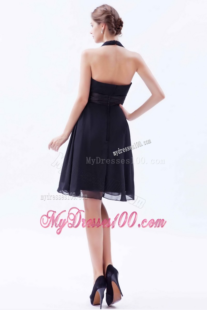 Black Deep V Neck Empire Halter Knee-length Ruche Prom Dress