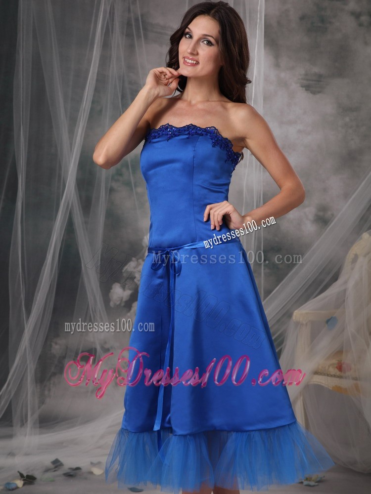 Blue Princess Homecoming Dress with Tulle Hem and Bowknot