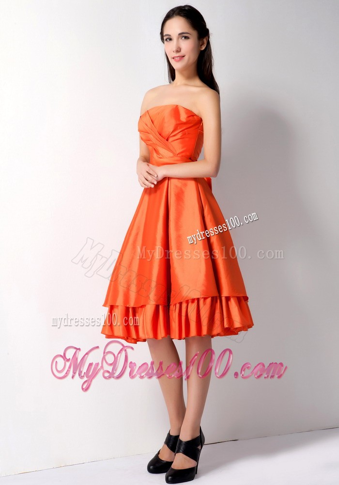 Orange Red Strapless Bow Junior Bridesmaid Dress Knee Length