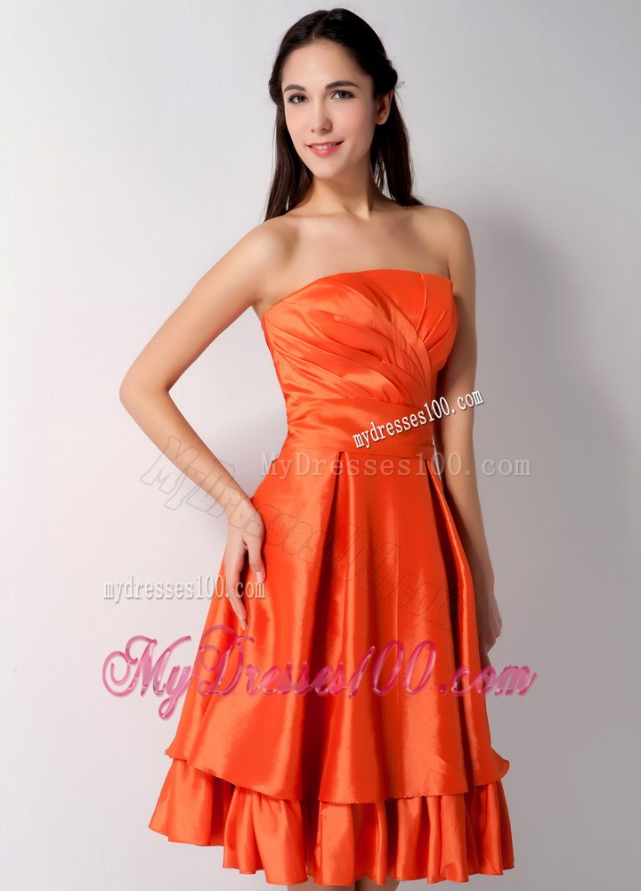 Orange Red Strapless Bow Junior Bridesmaid Dress Knee Length
