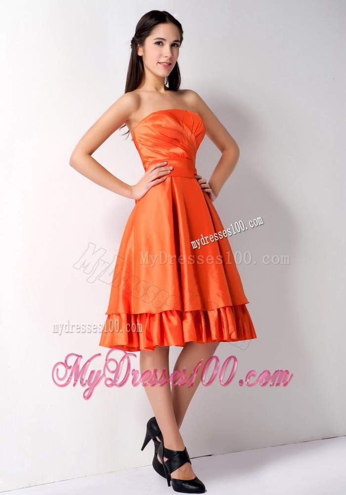 Orange Red Strapless Bow Junior Bridesmaid Dress Knee Length