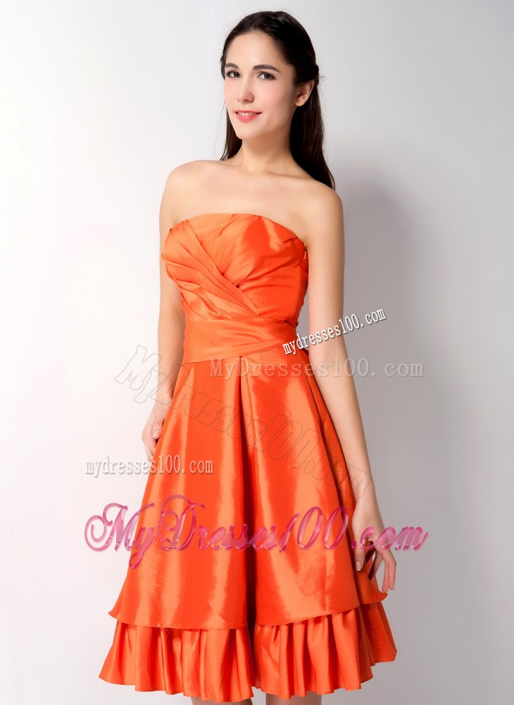 Orange Red Strapless Bow Junior Bridesmaid Dress Knee Length