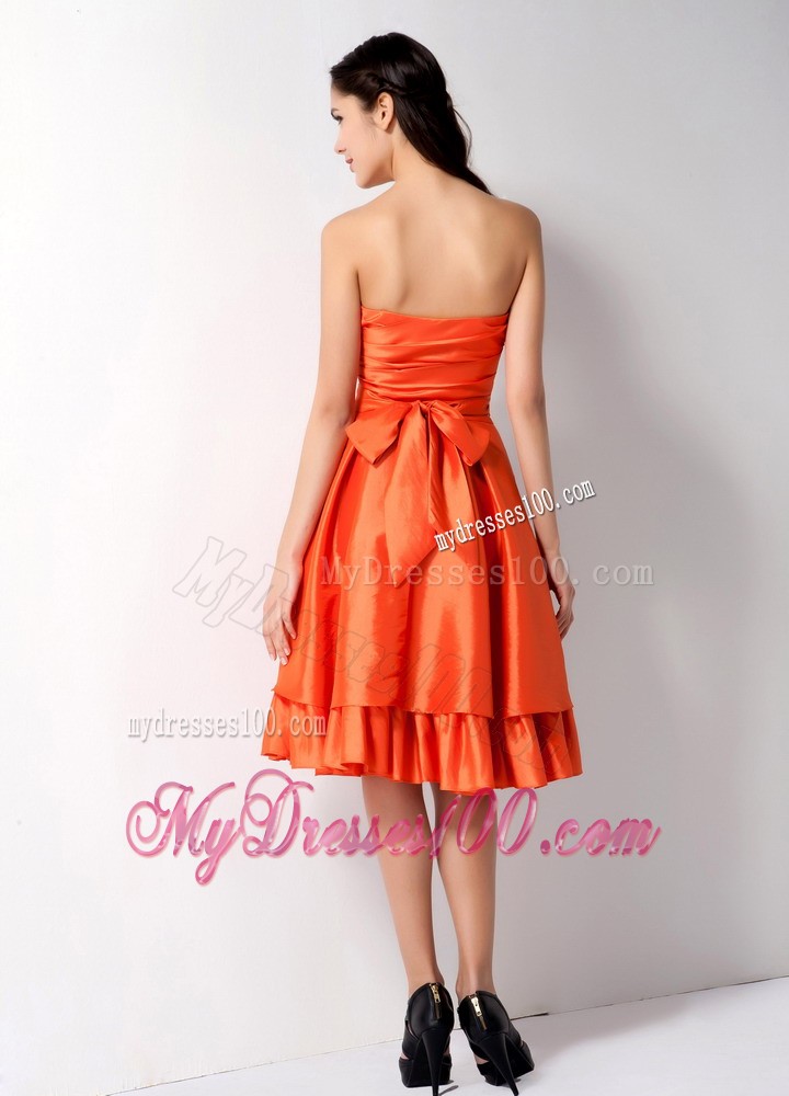 Orange Red Strapless Bow Junior Bridesmaid Dress Knee Length