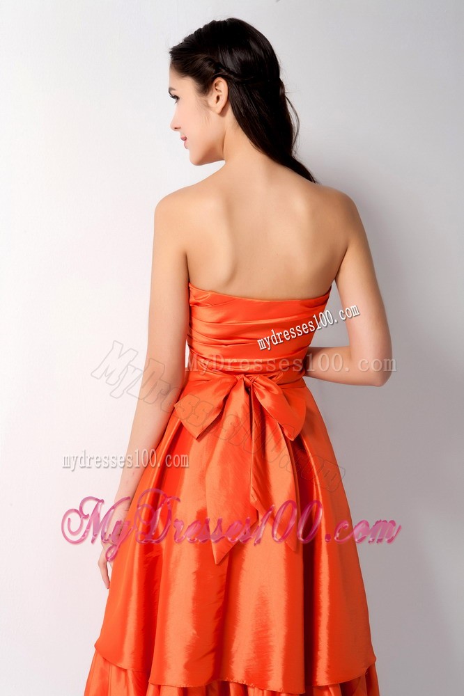 Orange Red Strapless Bow Junior Bridesmaid Dress Knee Length