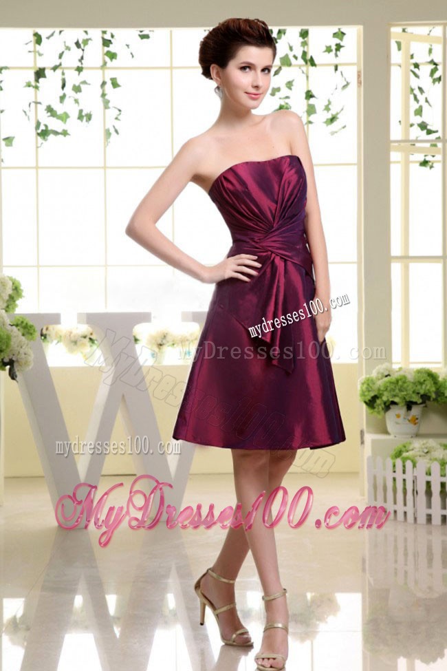 Burgundy Bridesmaid Dress With Ruche Knee-length and Zipper