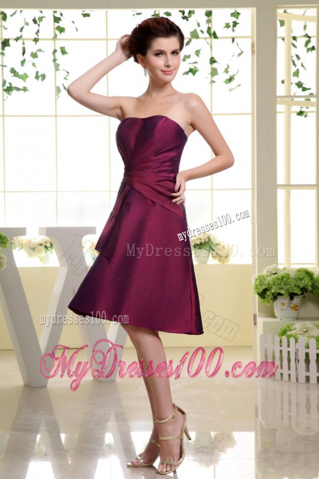 Burgundy Bridesmaid Dress With Ruche Knee-length and Zipper