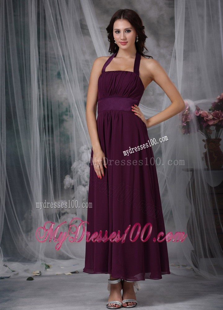 Burgundy Empire Halter Ankle-length Ruching Prom Evening Dress