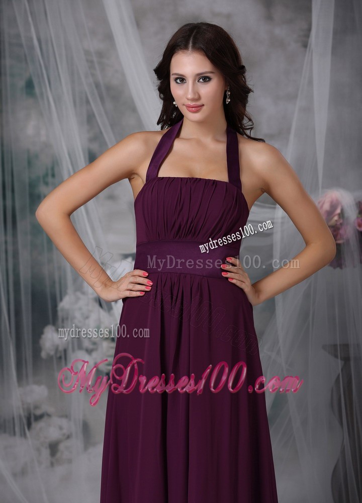 Burgundy Empire Halter Ankle-length Ruching Prom Evening Dress