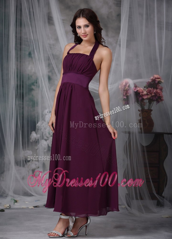 Burgundy Empire Halter Ankle-length Ruching Prom Evening Dress