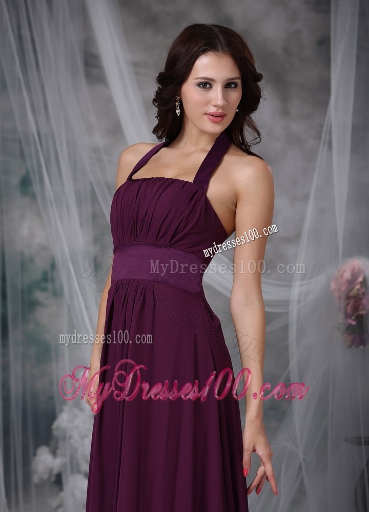 Burgundy Empire Halter Ankle-length Ruching Prom Evening Dress