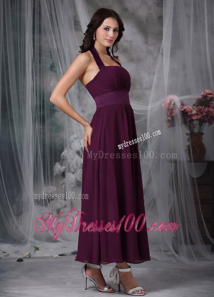 Burgundy Empire Halter Ankle-length Ruching Prom Evening Dress