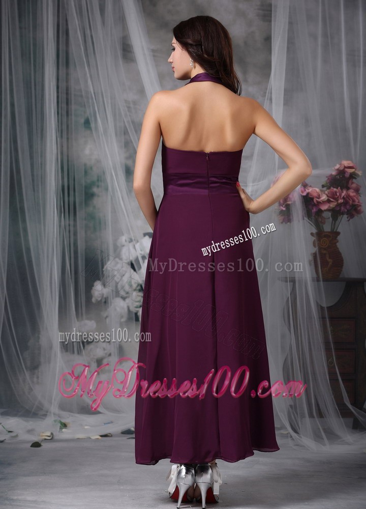 Burgundy Empire Halter Ankle-length Ruching Prom Evening Dress