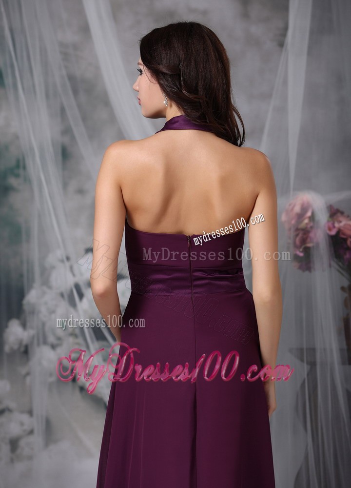 Burgundy Empire Halter Ankle-length Ruching Prom Evening Dress