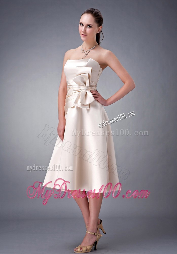 Champagne A-line Sash Dress for Bridesmaid to Tea Length