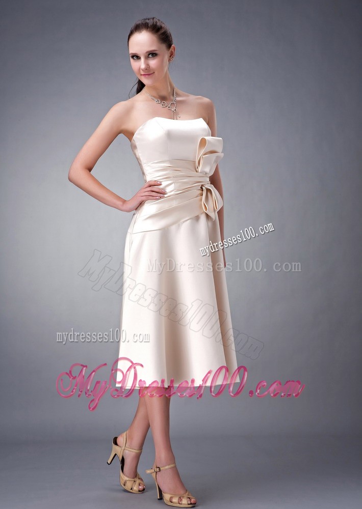 Champagne A-line Sash Dress for Bridesmaid to Tea Length