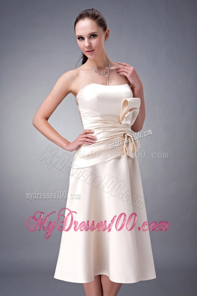Champagne A-line Sash Dress for Bridesmaid to Tea Length