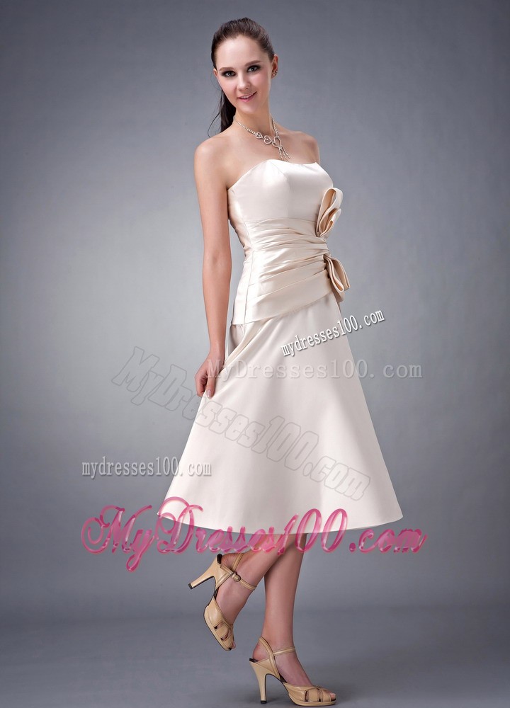 Champagne A-line Sash Dress for Bridesmaid to Tea Length