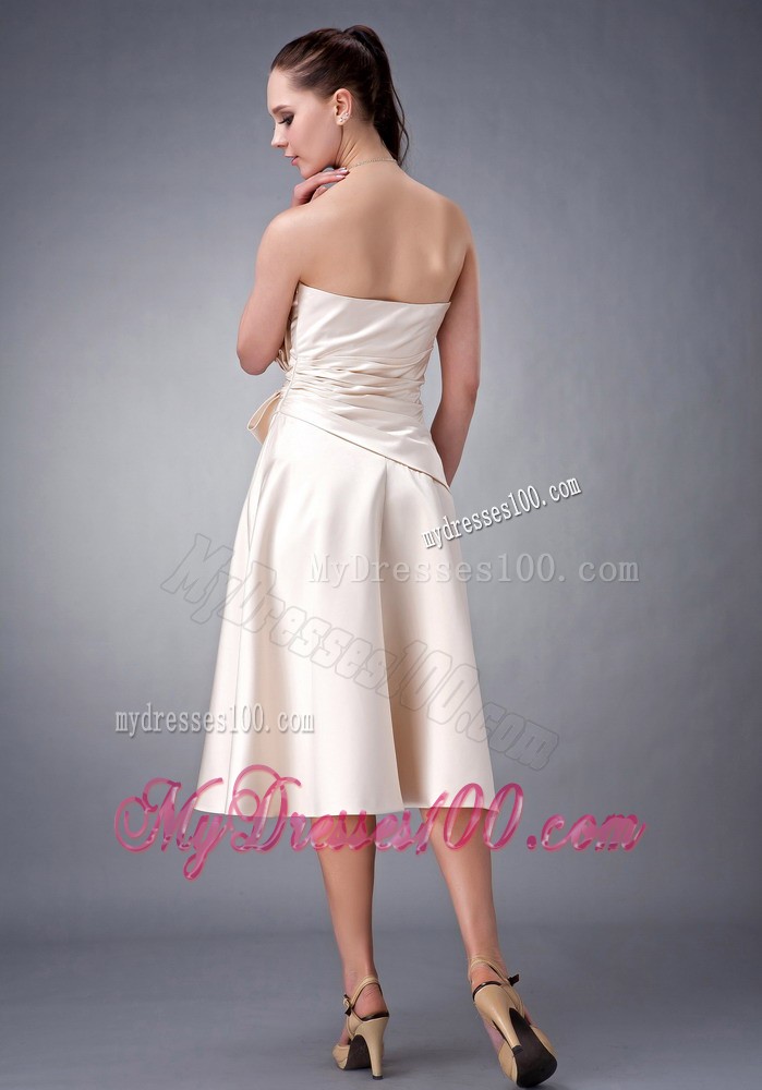 Champagne A-line Sash Dress for Bridesmaid to Tea Length