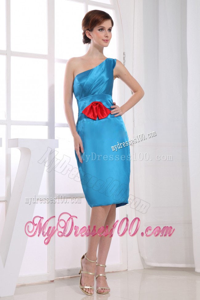 One Shoulder Sheath Bridesmaid Dress with Bright Red Sash