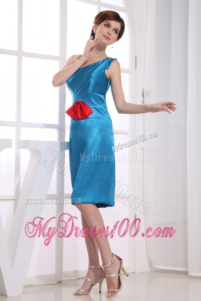 One Shoulder Sheath Bridesmaid Dress with Bright Red Sash