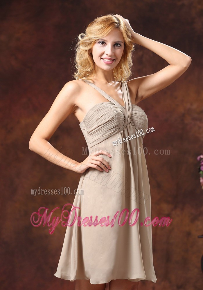 V-neck Grey Prom Dress With Mini-length Ruching Decorate
