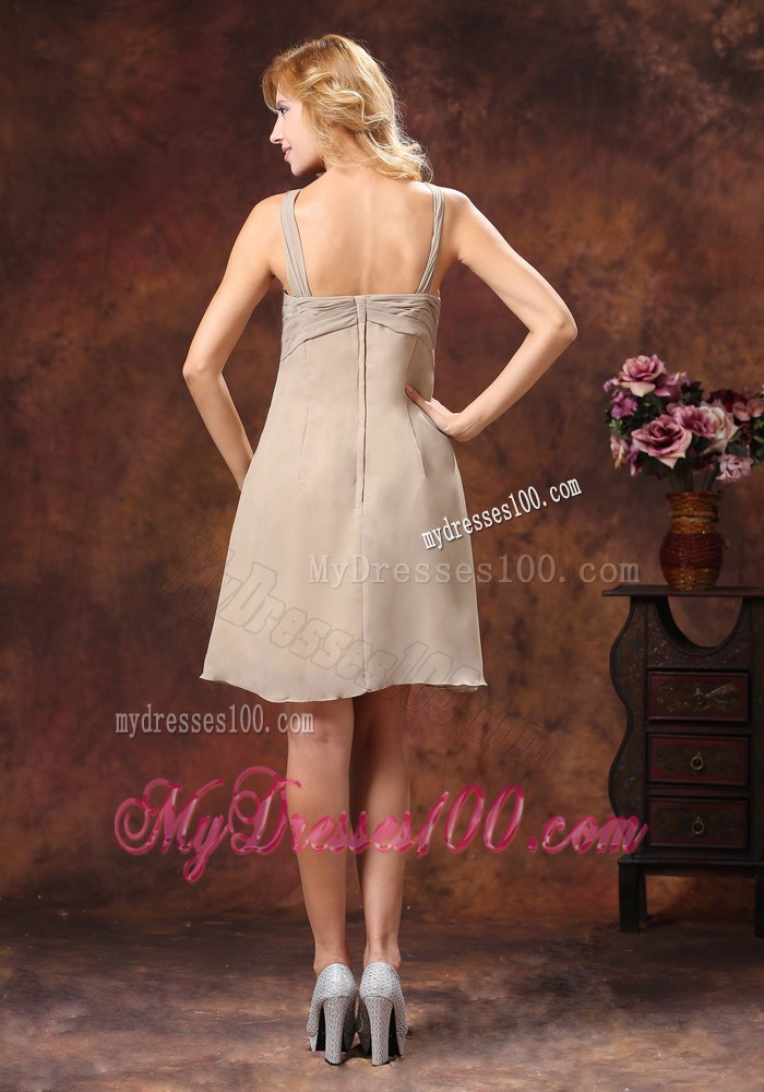 V-neck Grey Prom Dress With Mini-length Ruching Decorate