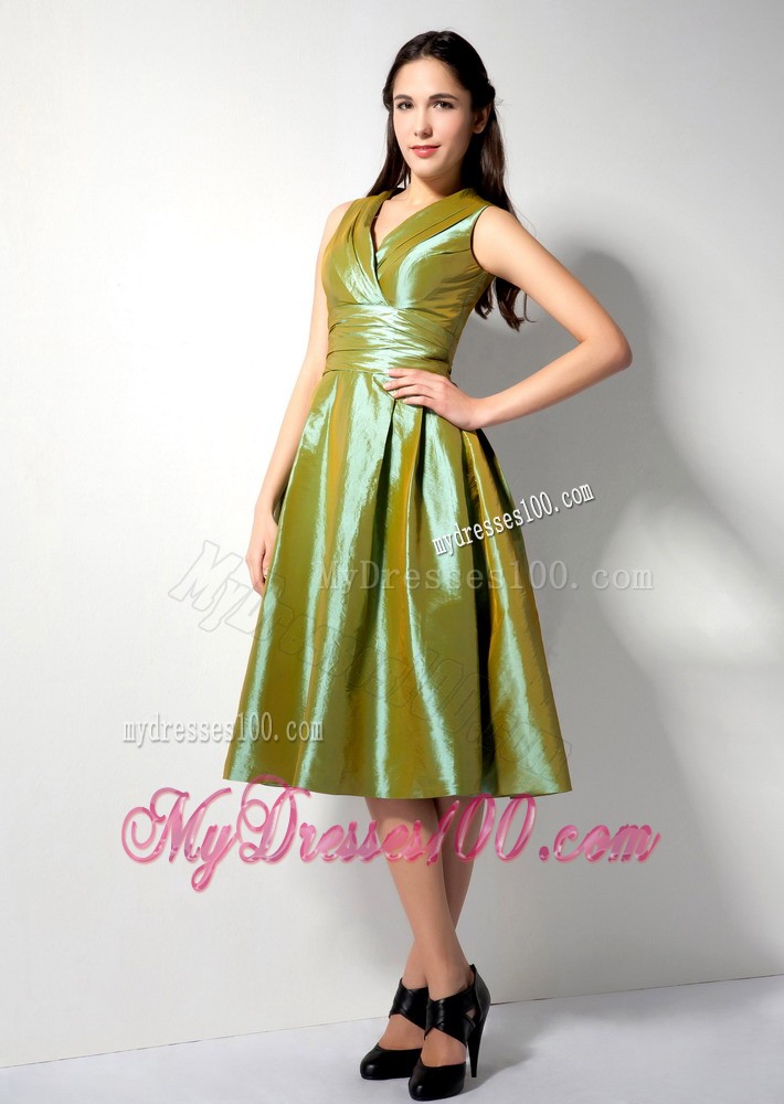 Olive Green A-line V-neck Bridesmaid Dress to Tea Length