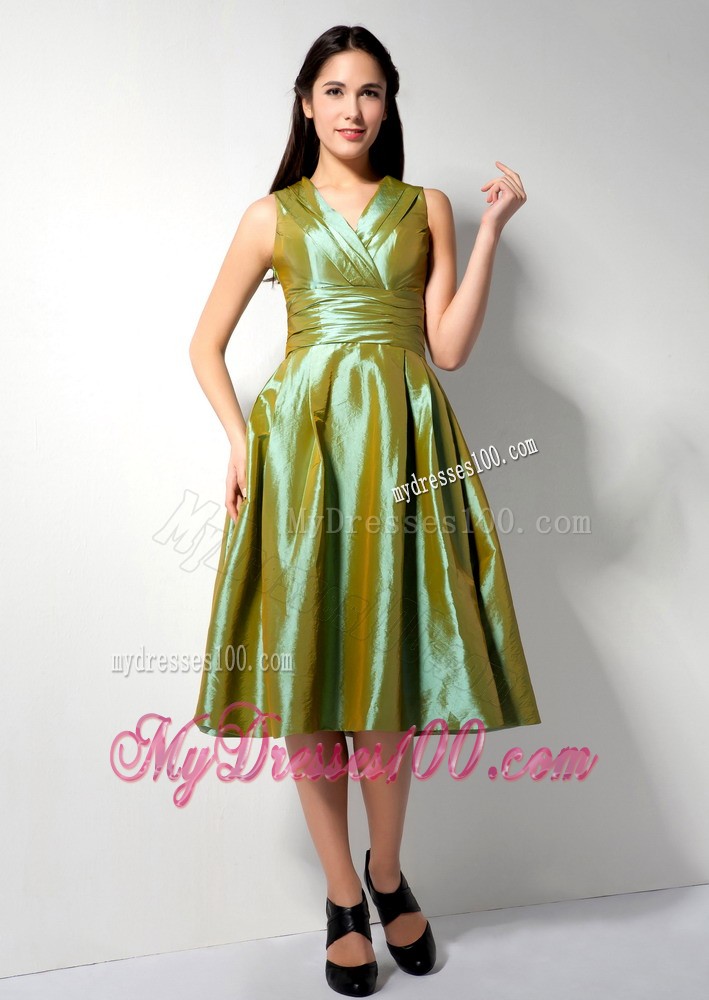 Olive Green A-line V-neck Bridesmaid Dress to Tea Length