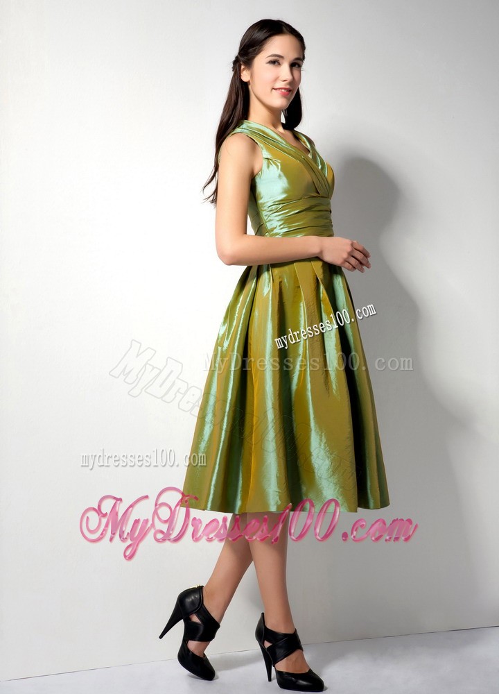 Olive Green A-line V-neck Bridesmaid Dress to Tea Length