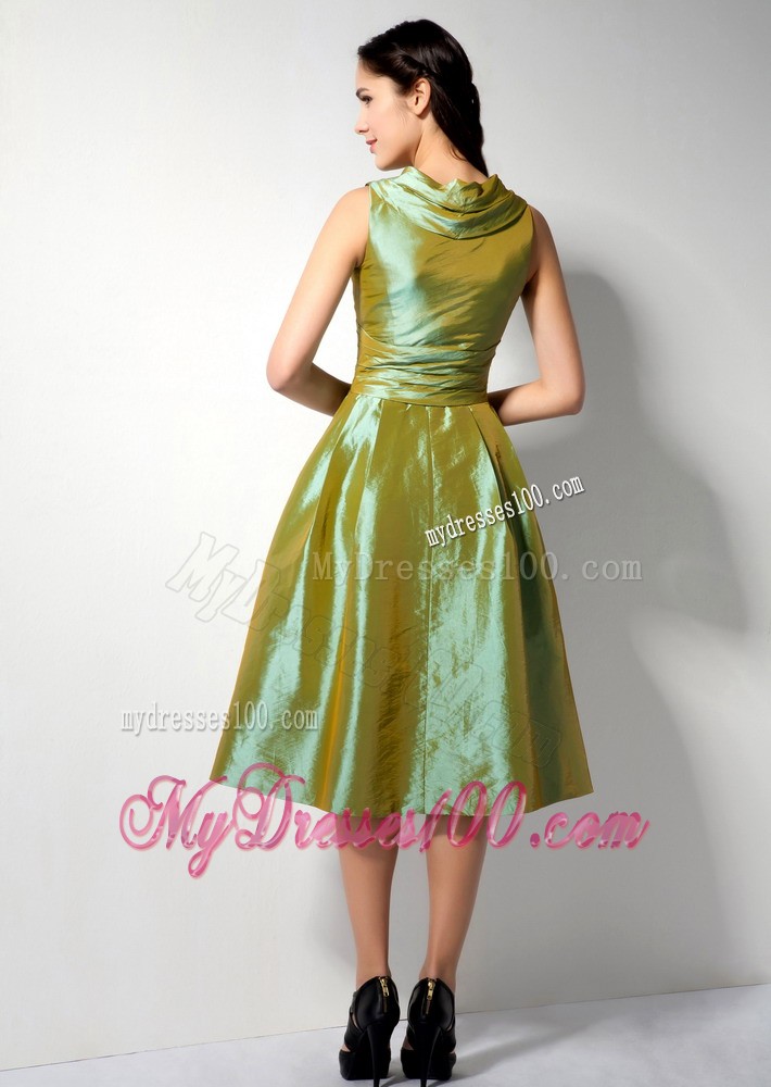 Olive Green A-line V-neck Bridesmaid Dress to Tea Length