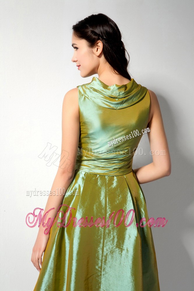 Olive Green A-line V-neck Bridesmaid Dress to Tea Length
