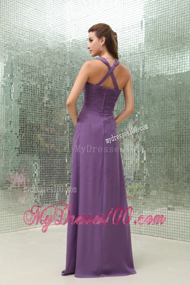 Empire Purple V-neck Bridesmaid Dress Ruched Floor-length