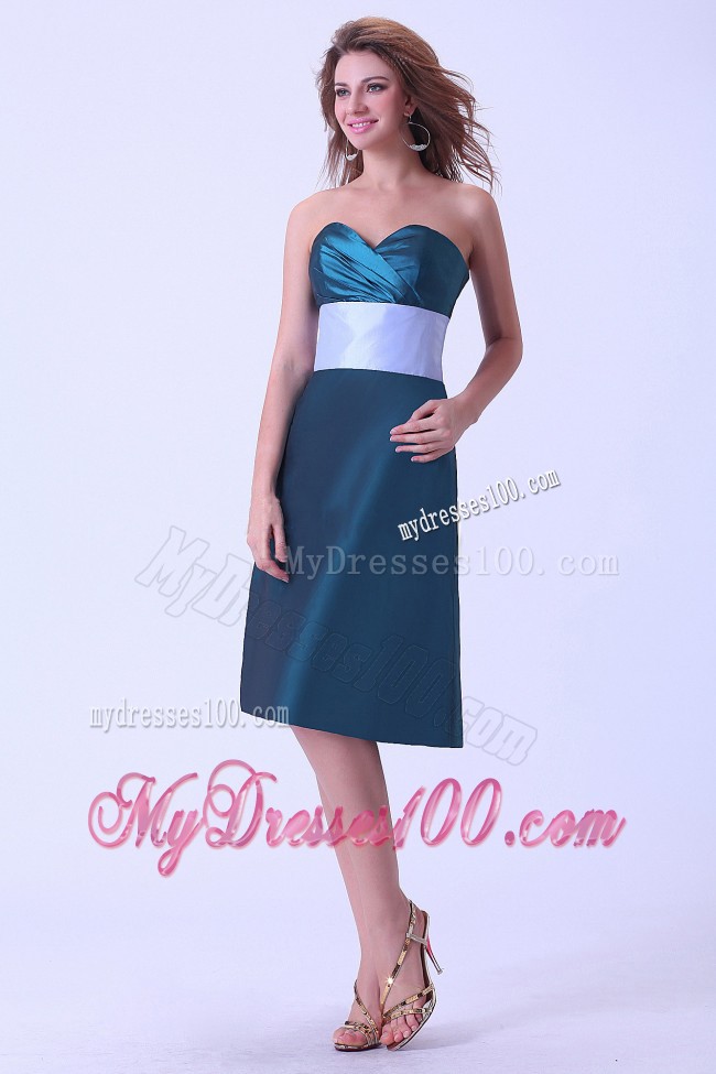 Green Ruche Bridemaid Dress with Wide Sash Knee-length