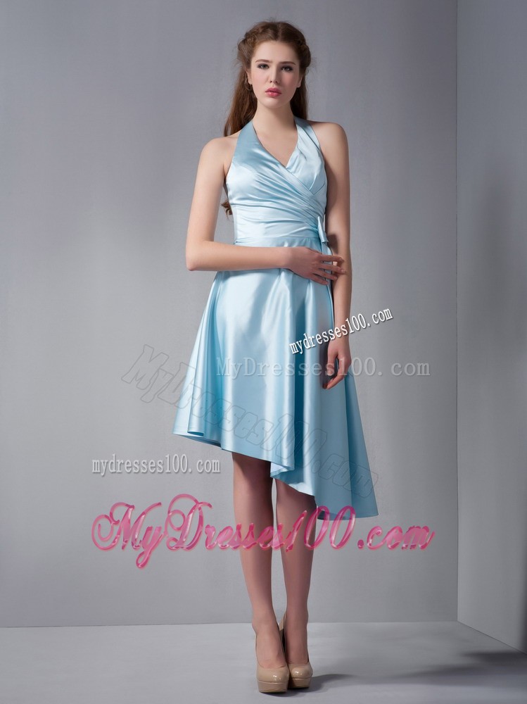 Sky Blue A-line Halter Asymmetrical Elastic Woven Satin Prom gowns