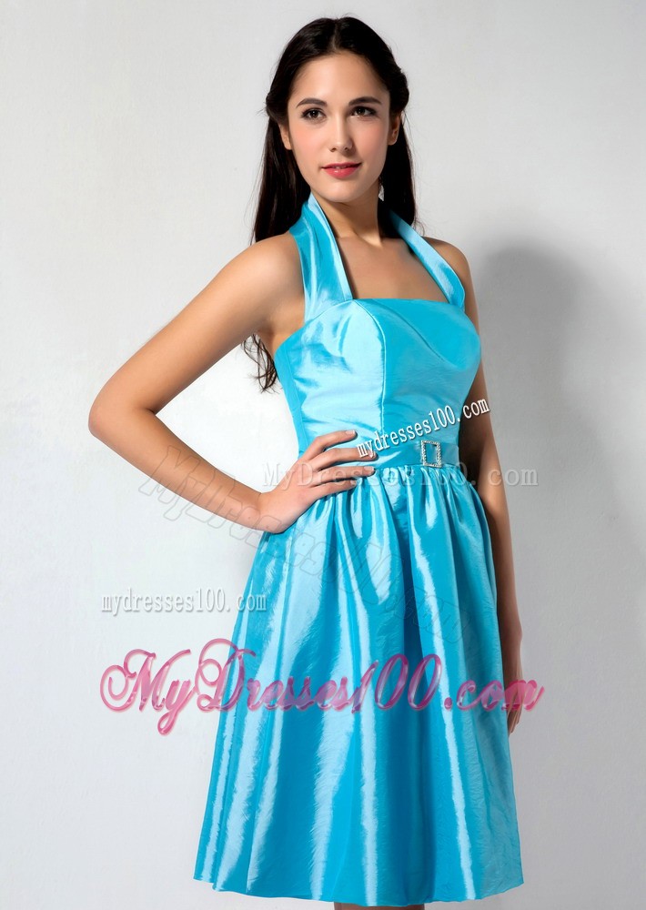 Aqua Blue A-line Halter Knee-length Bridesmaid Dress with Ruching