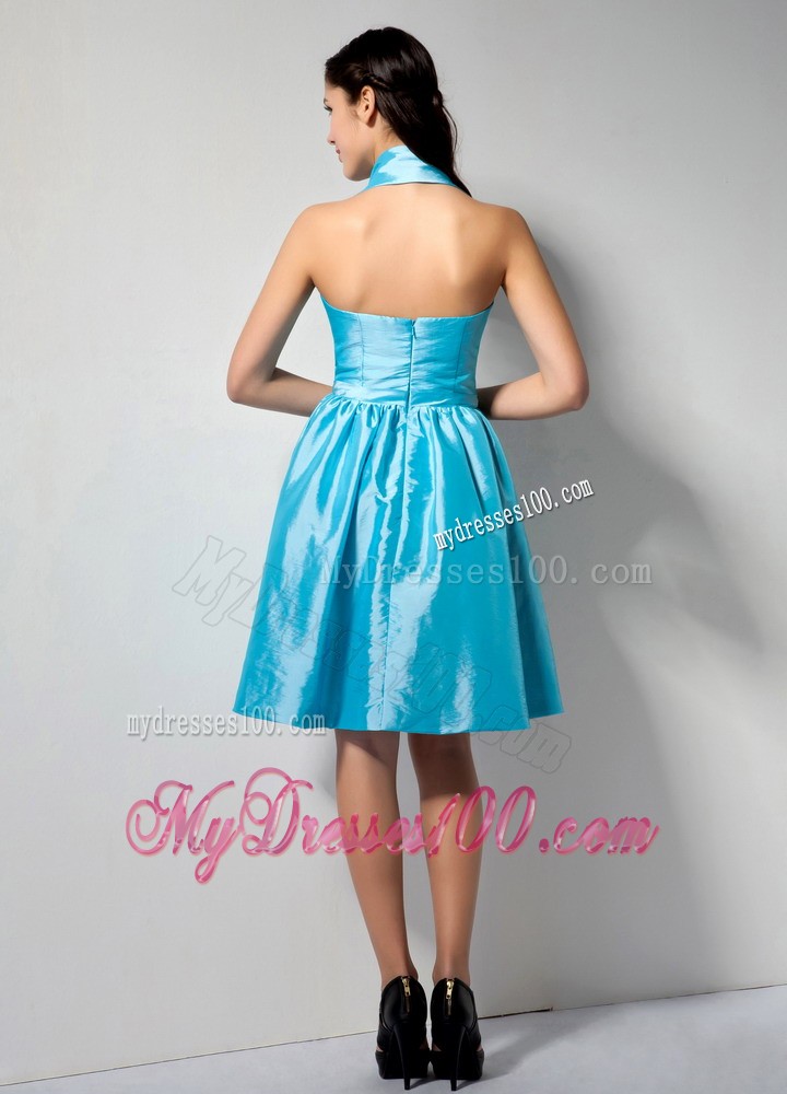 Aqua Blue A-line Halter Knee-length Bridesmaid Dress with Ruching