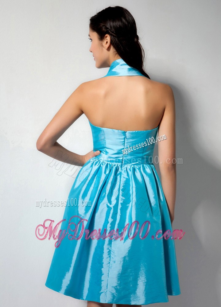 Aqua Blue A-line Halter Knee-length Bridesmaid Dress with Ruching