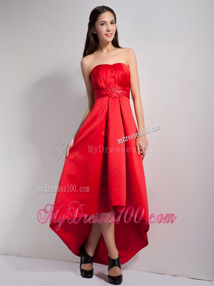Red A-line Appliques High-low Bridesmaid Dress with Beading