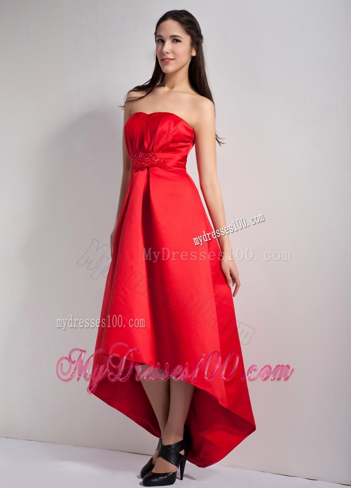Red A-line Appliques High-low Bridesmaid Dress with Beading