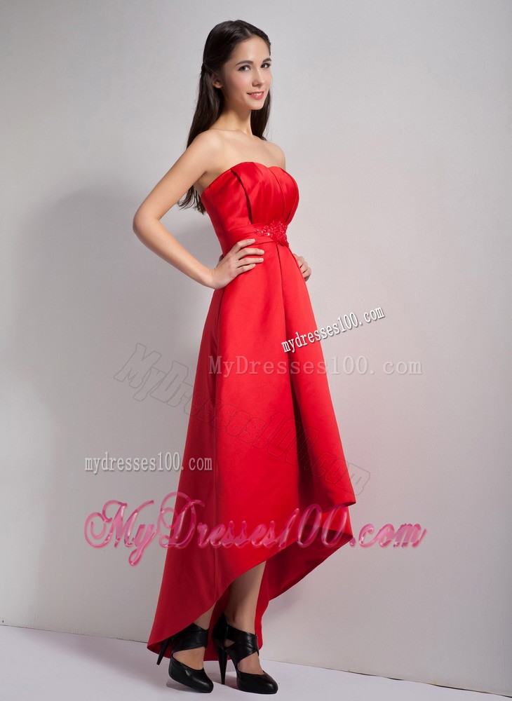 Red A-line Appliques High-low Bridesmaid Dress with Beading