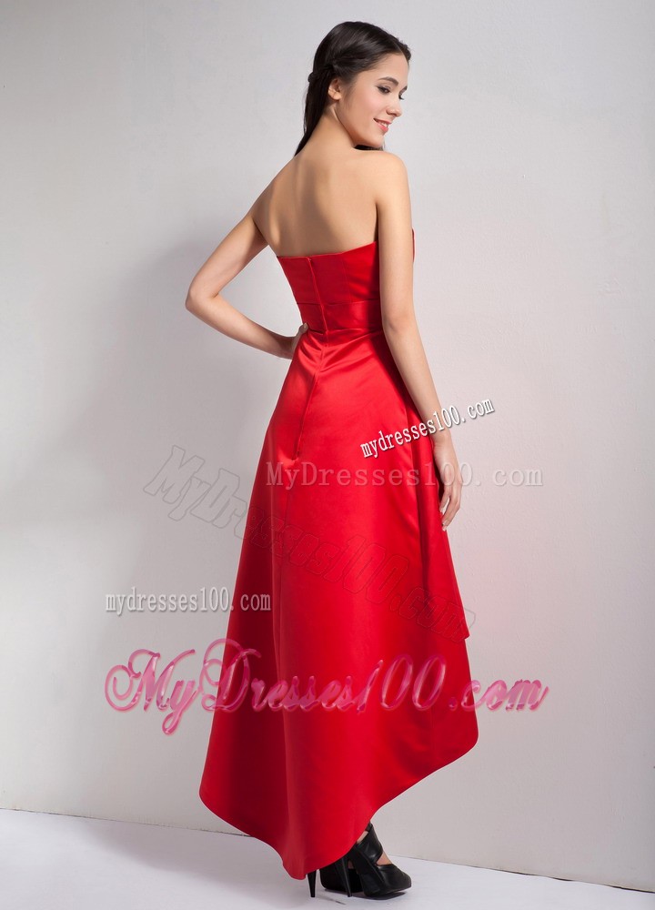 Red A-line Appliques High-low Bridesmaid Dress with Beading