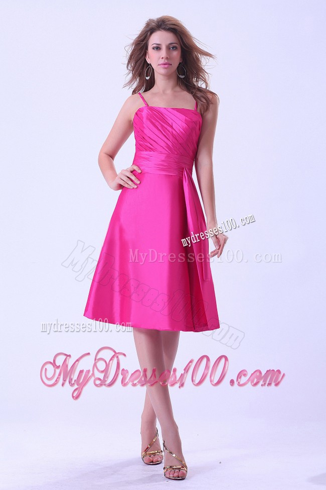 Hot Pink Spaghetti Straps Bridemaid Dress With Sash and Ruching
