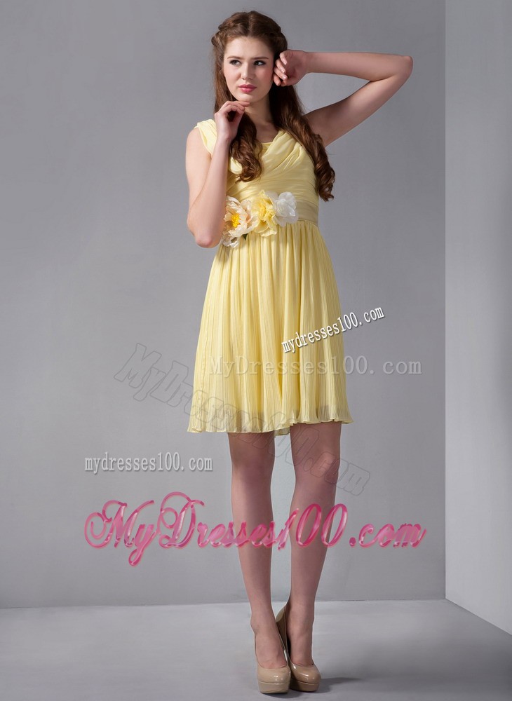 Yellow Empire Straps Mini-length Hand Made Flower Prom Dress