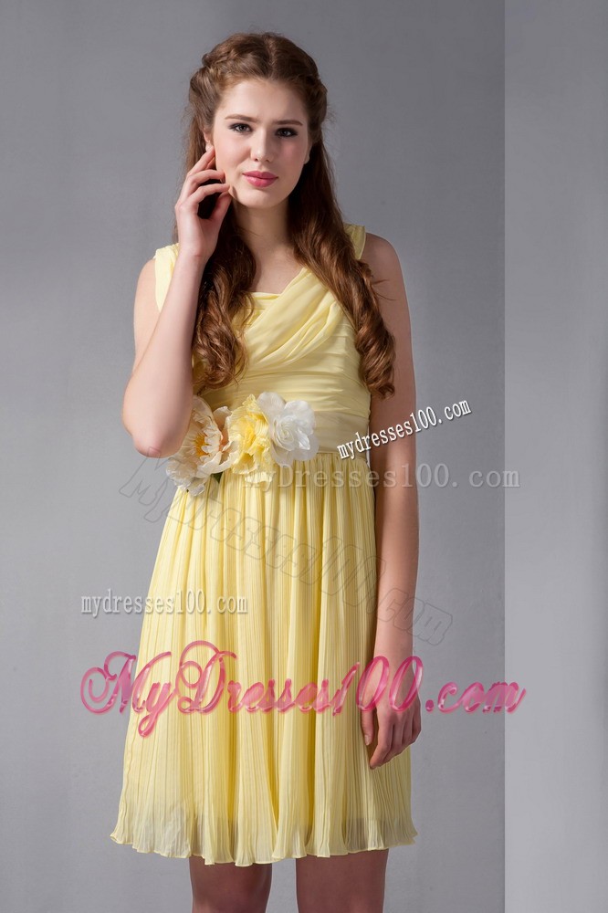 Yellow Empire Straps Mini-length Hand Made Flower Prom Dress