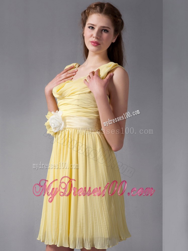 Yellow Empire Straps Mini-length Hand Made Flower Prom Dress