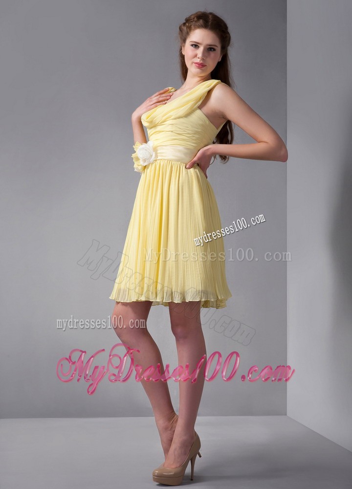 Yellow Empire Straps Mini-length Hand Made Flower Prom Dress