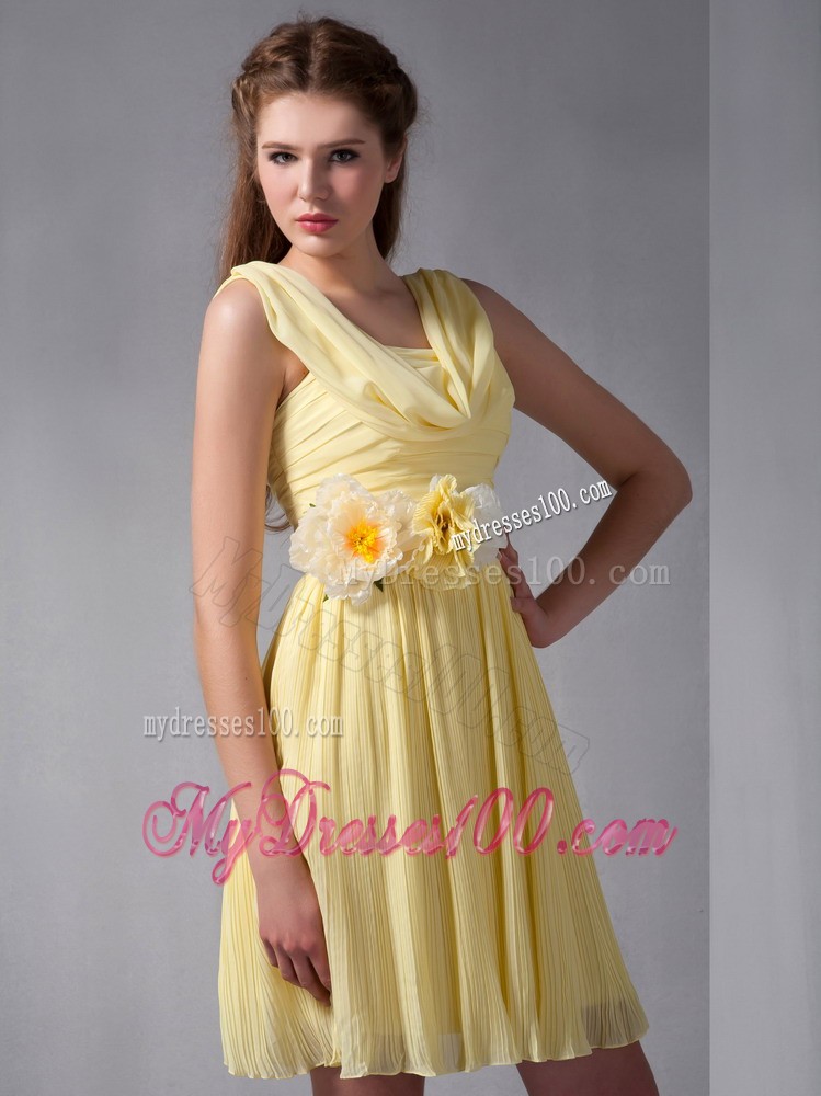 Yellow Empire Straps Mini-length Hand Made Flower Prom Dress